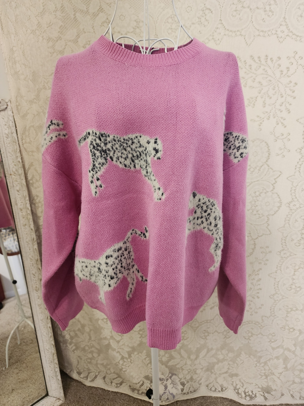 Women’s Pink Crewneck Sweater with Animal Motif